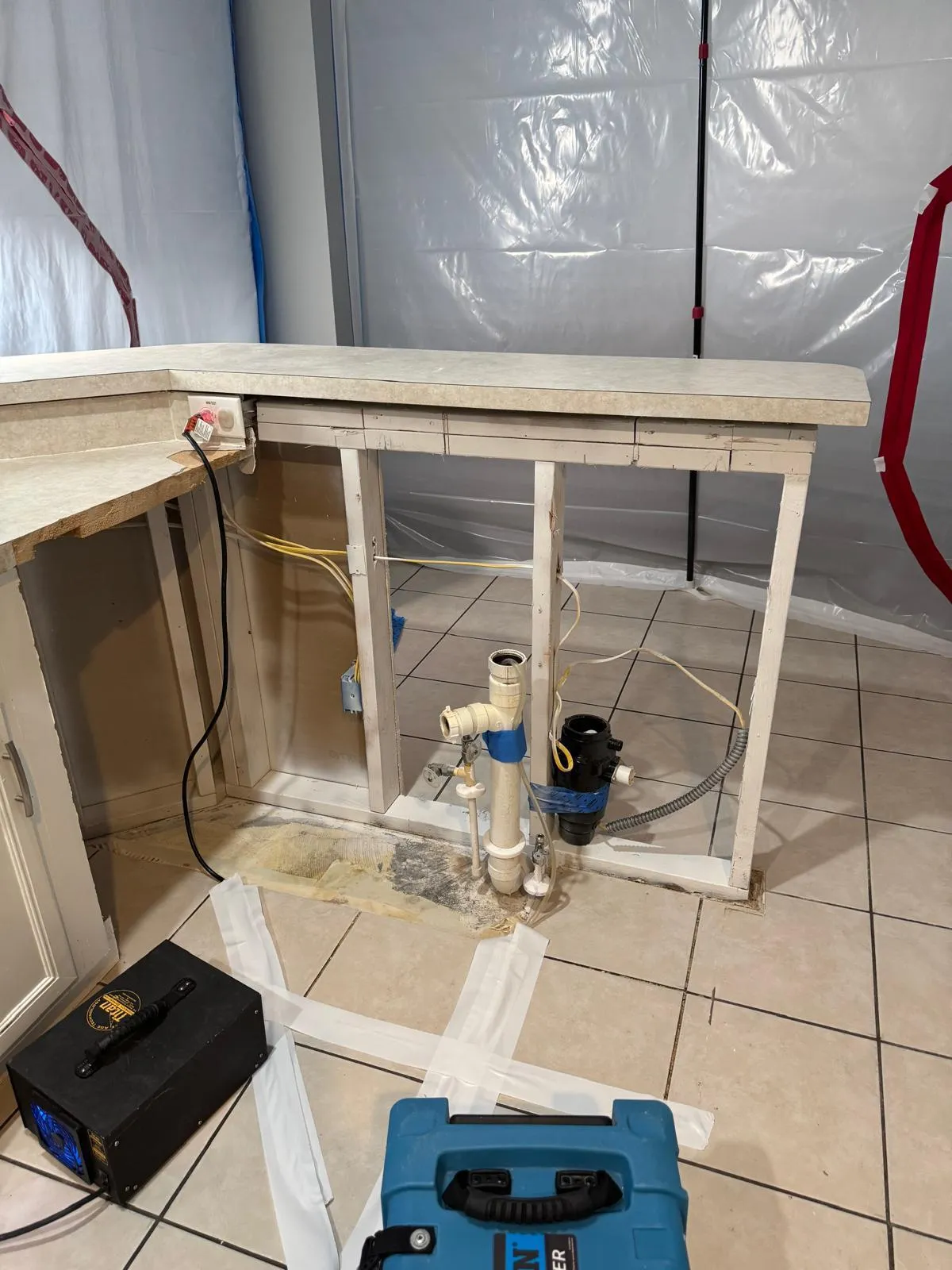 Plastic containment and drying equipment around the opened peninsula